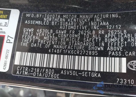 2012 Toyota Camry Xle from USA, damaged, VIN 4T4BF1FK6CR272895